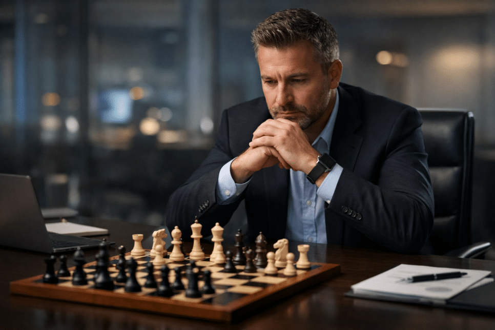 CISO em sala de reunião analisando tabuleiro de xadrez, imagem que representa capital político, estratégia e liderança nos primeiros 90 dias.
