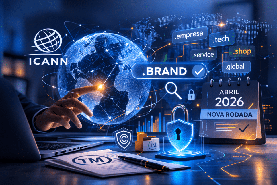 Ilustração digital da ICANN abrindo nova rodada de gTLDs em 2026, com foco em extensões de domínio, proteção de marca, e segurança da informação.