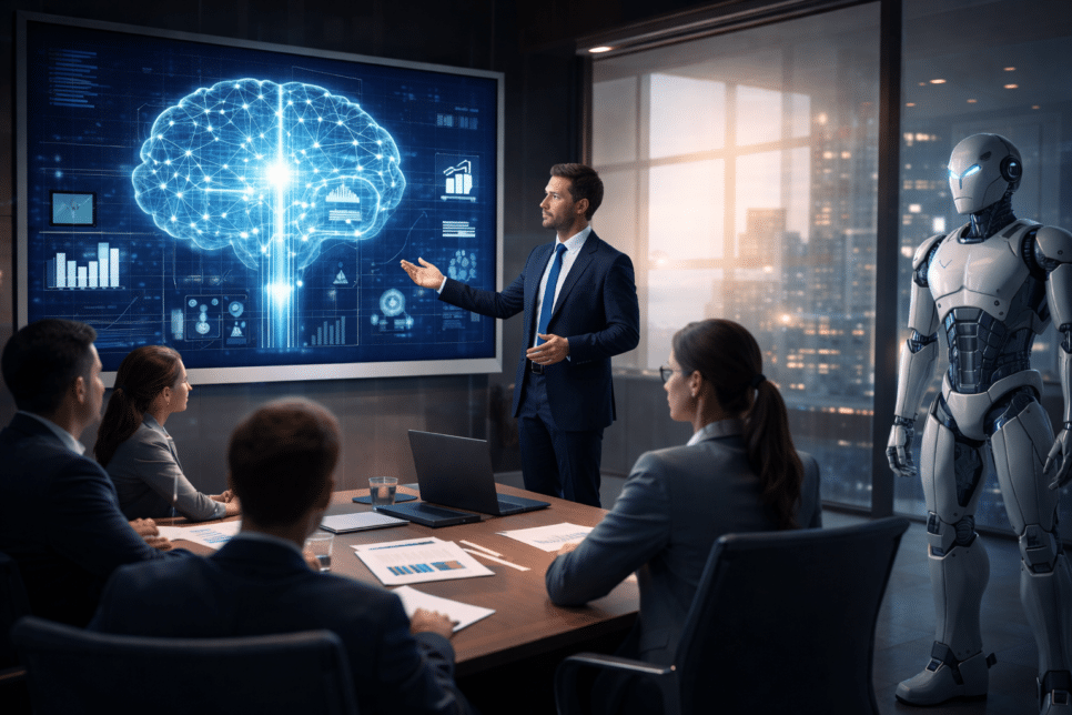 Executivo apresentando Inteligência Artificial em sala de conferência, com tela digital mostrando cérebro interativo, profissionais observando e robô humanoide no fundo.