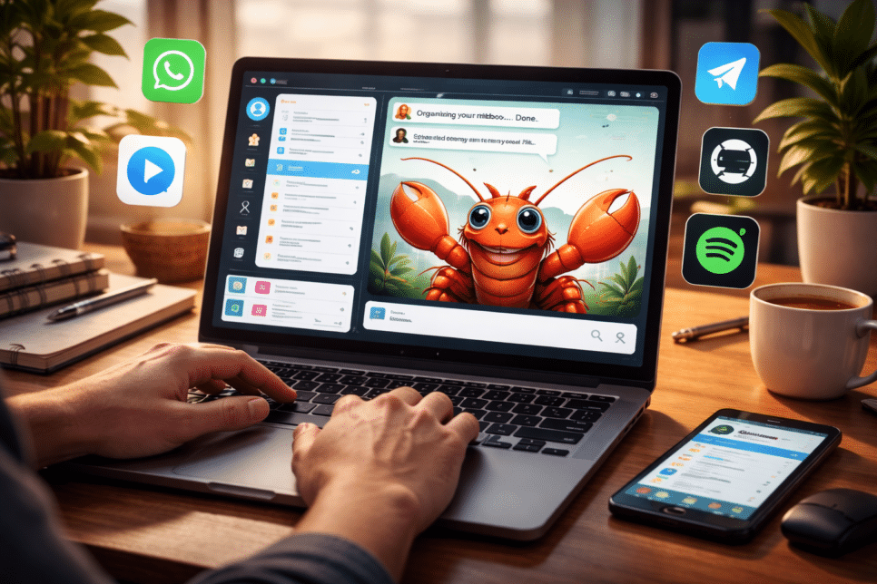 Assistente de IA OpenClaw em um ambiente de trabalho moderno, com a lagosta mascote interagindo na tela do laptop, organizando tarefas e gerenciando apps como WhatsApp e Spotify.