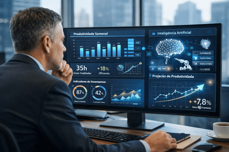 Jornada: Executivo analisando dashboard de produtividade e inteligência artificial em escritório corporativo moderno no Brasil.
