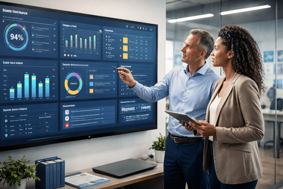 Gestores analisam dashboard com inteligência artificial na gestão escolar usando OpenClaw para automação, monitoramento e tomada de decisão estratégica.