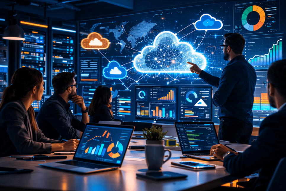 Equipe de TI analisa estratégia de nuvem híbrida e multicloud com dashboards de FinOps, custos em cloud e governança de infraestrutura.