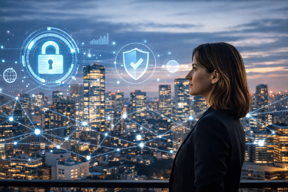 Executiva em perfil diante de cidade conectada com elementos de cibersegurança e confiança digital representando vantagem competitiva empresarial