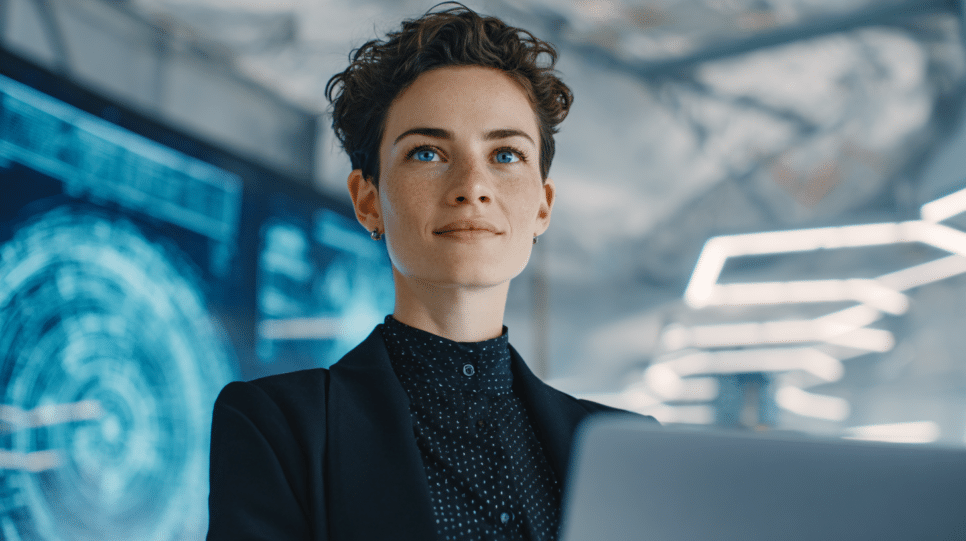 Mulher confiante em traje profissional, trabalhando com tecnologia futurista em um escritório moderno, demonstrando força e liderança em áreas STEM. Cercada por equipamentos tecnológicos e telas holográficas.