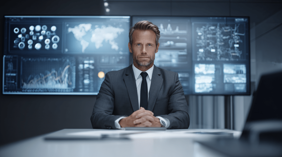 CISO em sala corporativa com dashboards de risco e indicadores estratégicos, representando governança, previsibilidade e tomada de decisão em cibersegurança