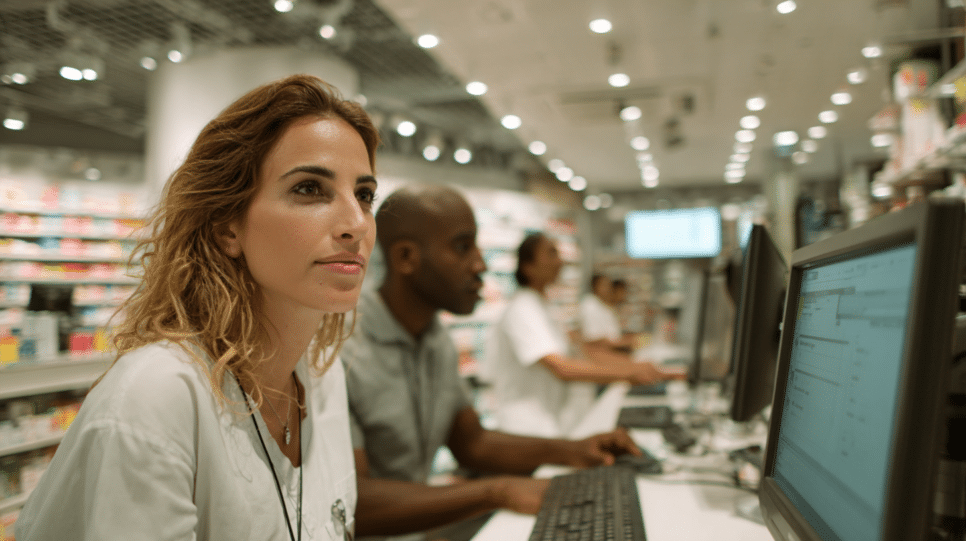 Profissional de farmácia em atendimento com sistema no computador, representando atitude humana e resposta rápida em falha operacional além da IA.