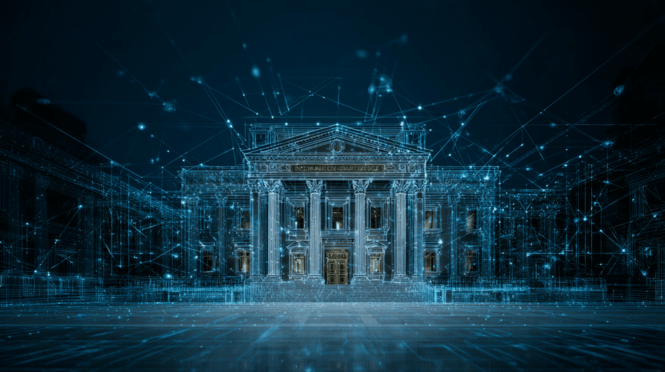 Imagem holográfica do Banco Central do Brasil em cenário futurista de cibersegurança financeira, destacando as regras de cibersegurança do Banco Central.