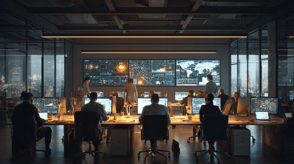 Startups brasileiras em 2025 usando IA para análises e automação em um escritório moderno, com equipe executiva diante de painéis e notebooks.