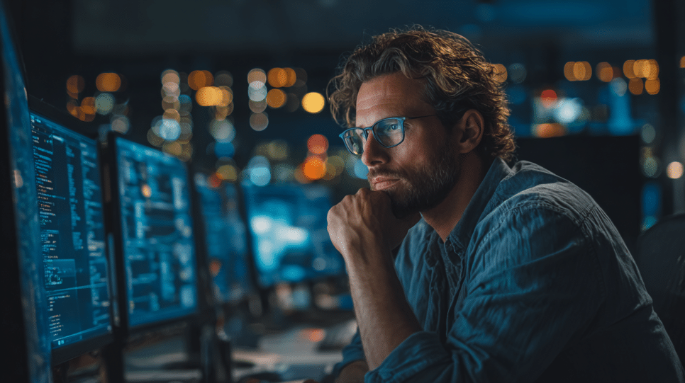 Erro humano em TI: profissional de segurança revisa alertas em monitores e evidencia como falhas operacionais elevam o risco cibernético.