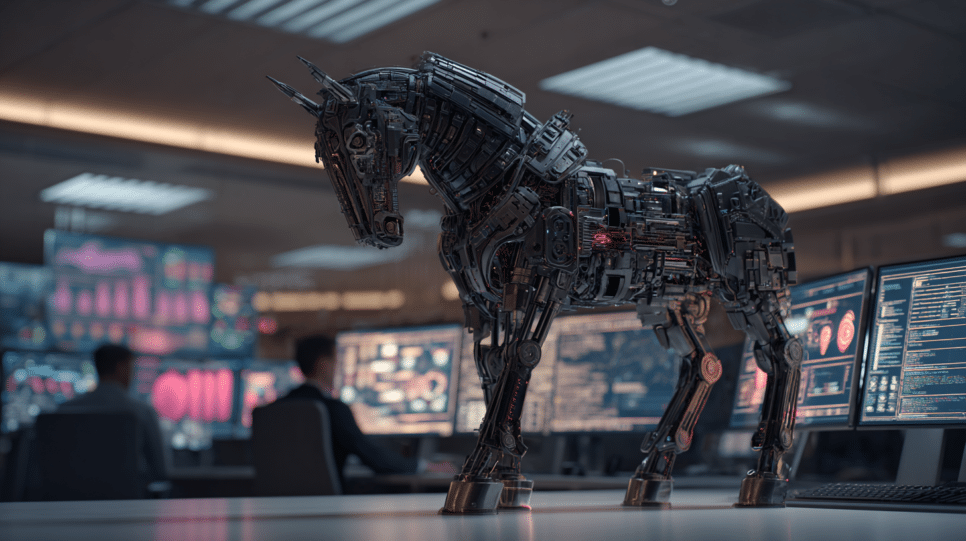 GoPix representado por um cavalo de Troia digital em ambiente corporativo de cibersegurança.