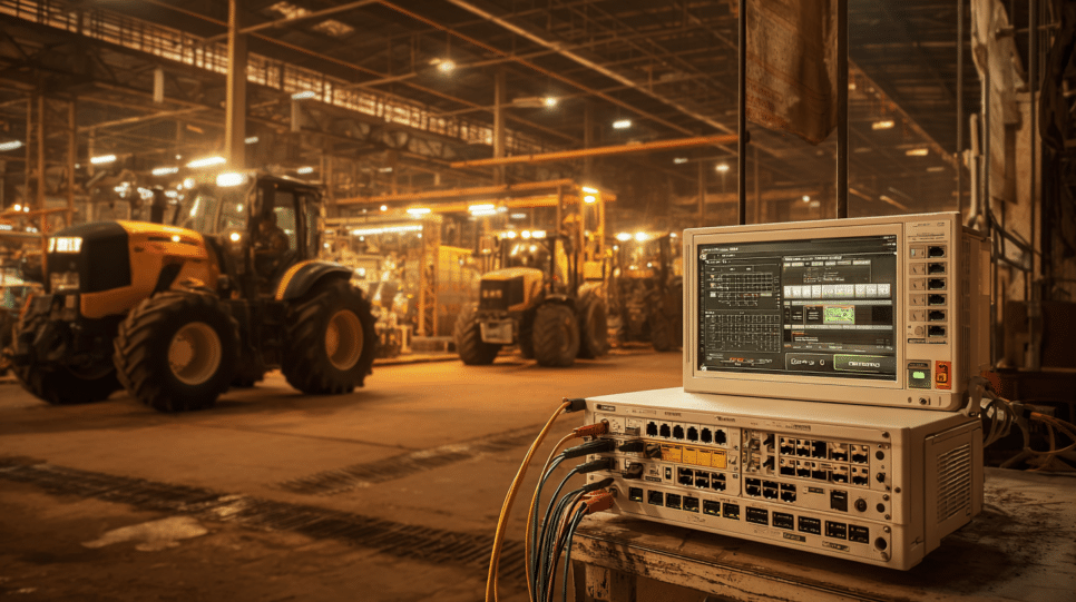 Transformação digital: Servidor de TI vulnerável em fábrica industrial com máquinas agrícolas ao fundo e infraestrutura sem governança de TI