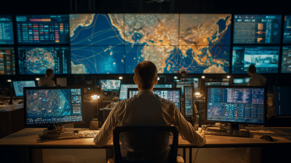 Especialista monitora ameaça do Irã à infraestrutura de TI no Golfo Pérsico em centro de operações digitais.