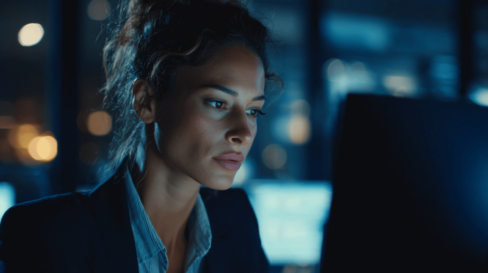 Profissional diante de alerta falso em tela durante ataque de phishing sofisticado para roubo de credenciais.