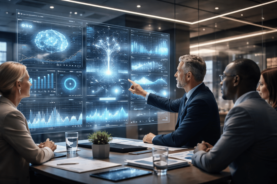 Executivos analisando inteligência artificial e dados em reunião estratégica sobre IA em 2026 e vantagem competitiva nas empresas.