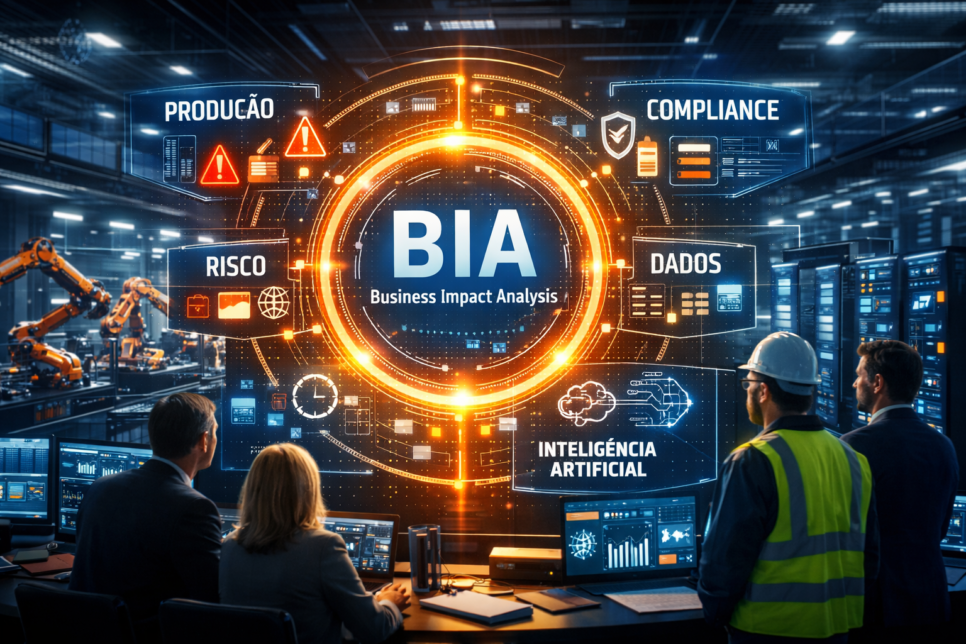 BIA no centro da continuidade operacional com inteligência artificial, risco, dados e compliance em ambiente industrial moderno