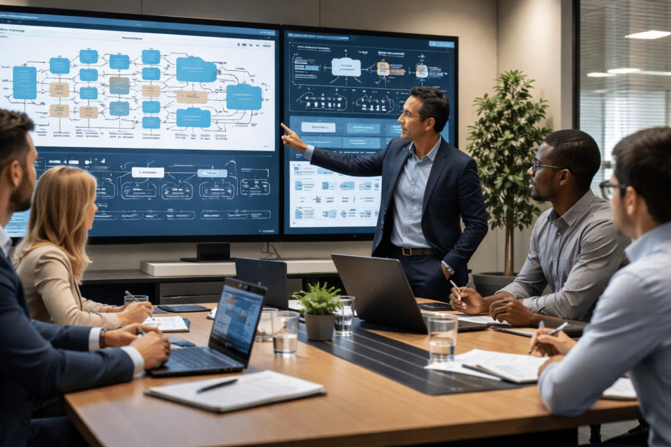 Equipe de TI analisando arquitetura de software com diagramas de migração e evolução incremental em telas digitais