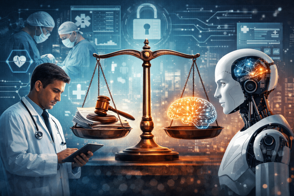 Médico usando tablet ao lado de robô IA e balança de justiça, simbolizando a regulamentação da inteligência artificial na saúde, com foco em inovação e segurança.