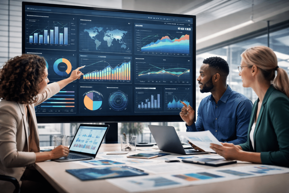 Equipe de profissionais discutindo gráficos e indicadores em um dashboard interativo de dados para tomada de decisões estratégicas em escritório moderno.