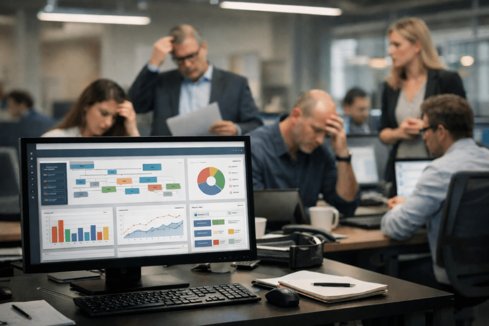 Equipe enfrenta dificuldades no pós-go-live de um sistema de gestão em projeto de transformação digital nas empresas.