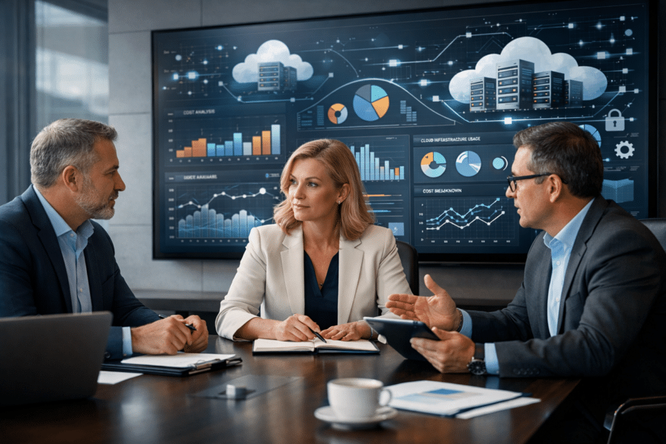 Executivos analisam FinOps, governança e custos em nuvem em reunião estratégica sobre eficiência operacional e cloud computing.