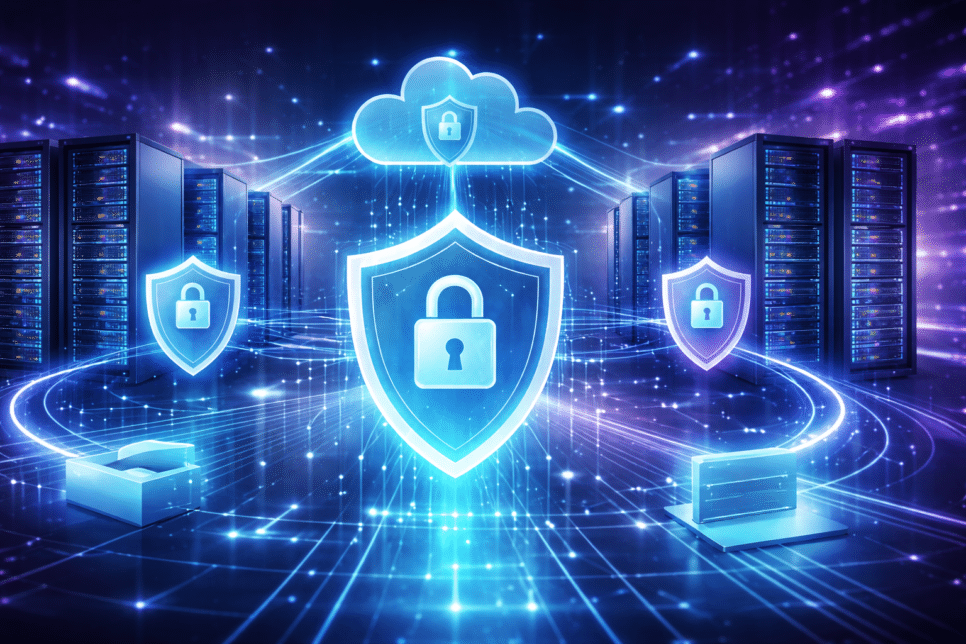 Infraestrutura Quantum-Safe com servidores, nuvem e proteção criptográfica avançada em ambiente digital futurista.