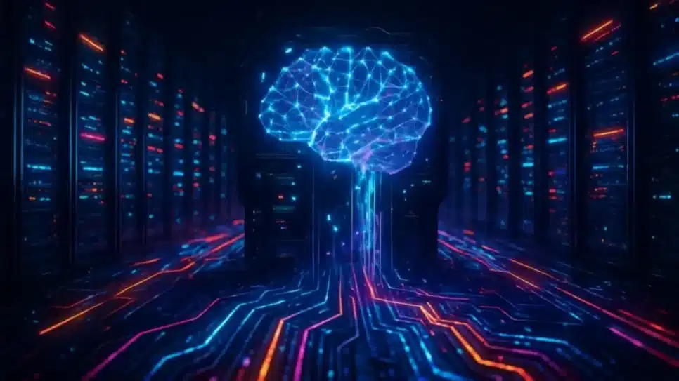 Imagem de inteligência artificial representada por um cérebro digital luminoso em um ambiente futurista com linhas de energia coloridas.
