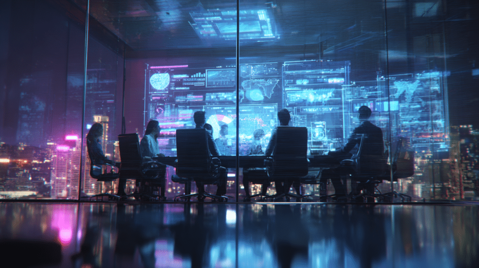 Executivos analisam política corporativa de IA em ambiente tecnológico com dashboards de risco e compliance para evitar incidentes e multas