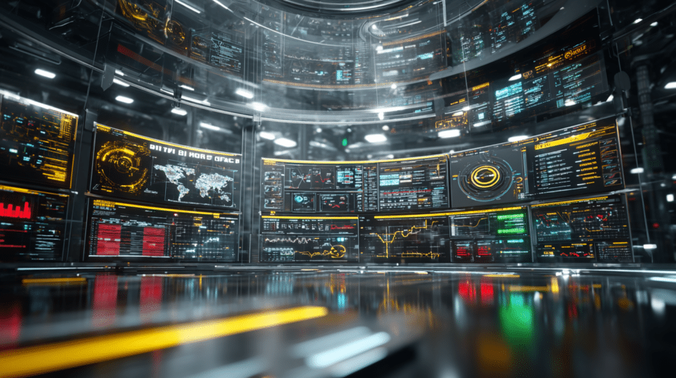 Imagem realista mostra plataforma de dados para agentes de IA em ambiente corporativo, com painéis analíticos e fluxos digitais avançados.