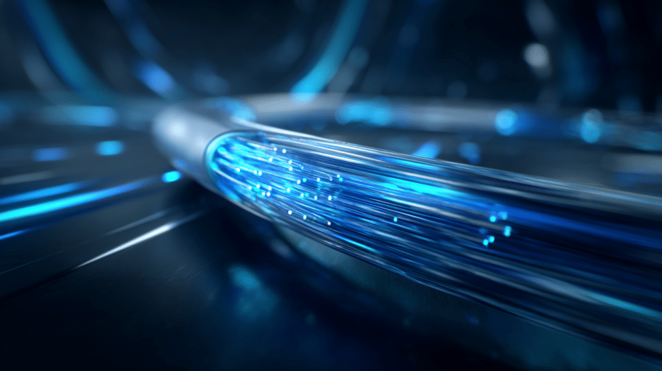 Cabo óptico inovador representando a parceria entre MediaTek e Microsoft, destacando a redução de 50% no consumo de energia e simbolizando transformação digital e inovação tecnológica.