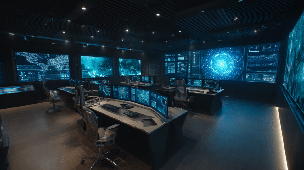 Especialistas monitoram ameaças com IA avançada em centro de operações, ilustrando o GPT-5.4-Cyber para segurança corporativa.