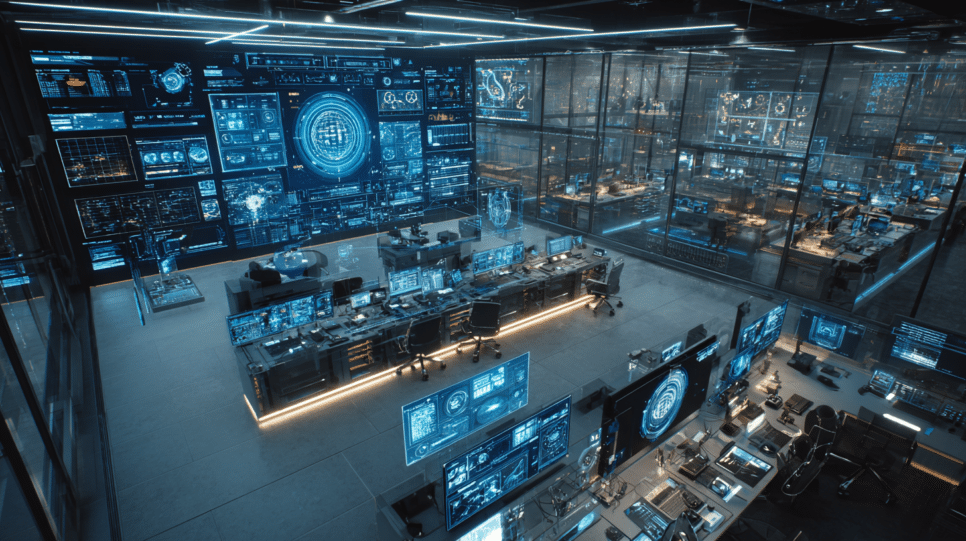 Ambiente futurista de cibersegurança com interface de IA avançada representa o Claude Opus 4.7 com foco em proteção digital corporativa.