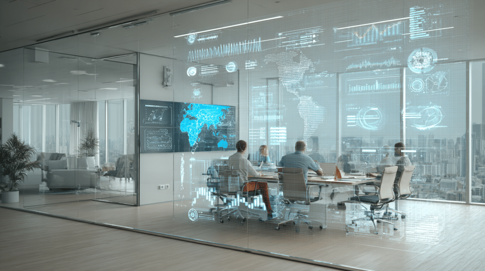 Executivos discutem o crescimento da IA na América Latina em sala moderna, com gráficos e mapas mostrando o avanço da tecnologia, mas a estagnação no investimento.