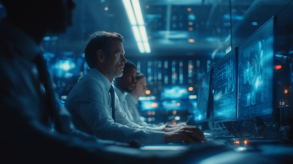 Executivos e analistas monitoram painéis de cibersegurança em ambiente corporativo, mostrando como a IBM reforça segurança corporativa contra ameaças de IA.