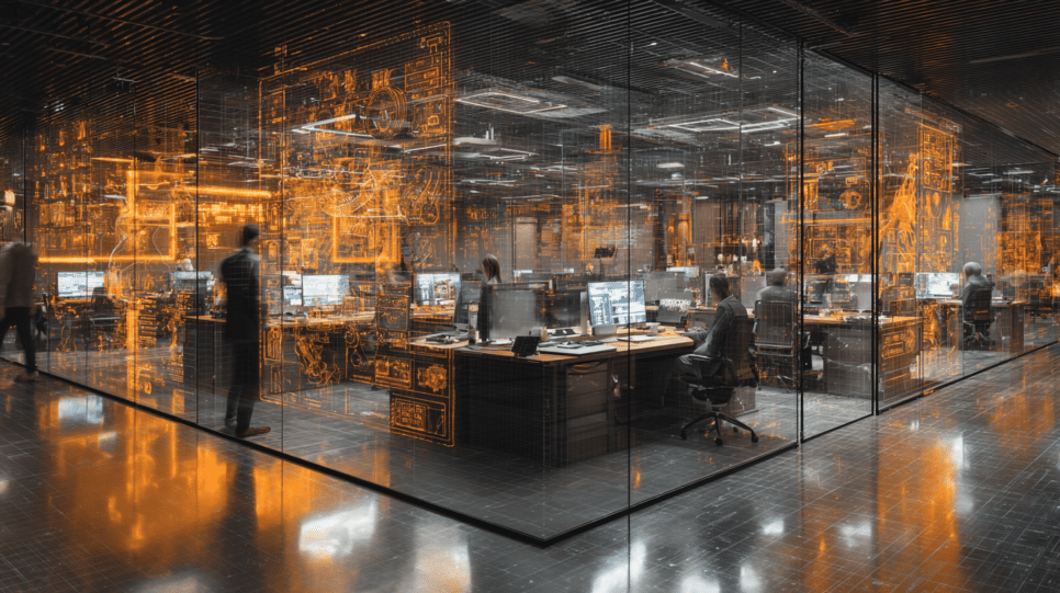 Imagem realista mostra funcionários em escritório corporativo sob monitoramento digital da Meta para treinar IA, em cenário tecnológico e investigativo.