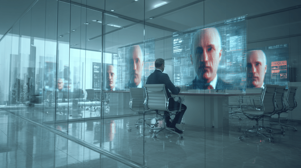 Executivo em sala corporativa encara múltiplas identidades digitais falsas, ilustrando como a Gartner prevê que a GenAI vai dobrar incidentes de segurança.