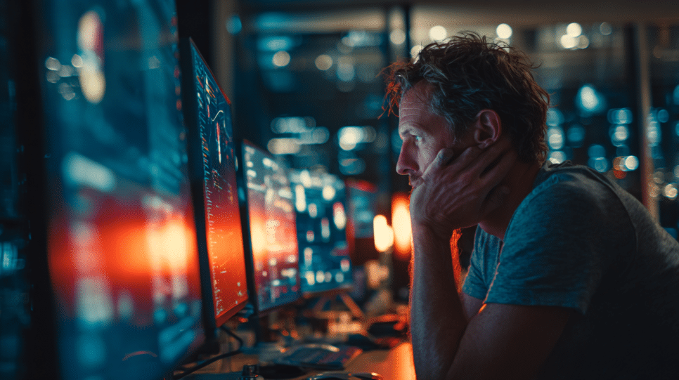 Executivo de tecnologia acompanha instabilidade do Claude fora do ar em painel corporativo com alertas de IA e nuvem.