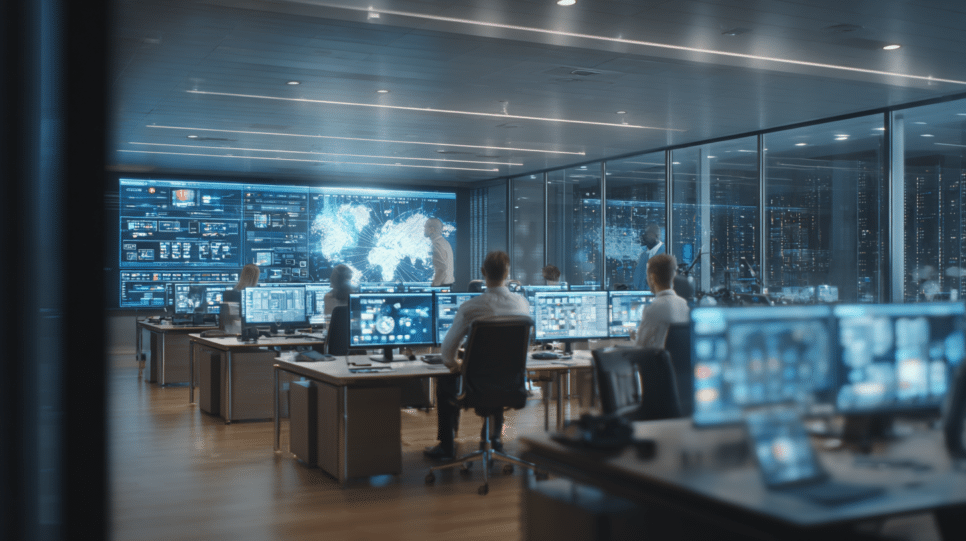 Profissionais usam agentes de IA integrados ao microsoft Copilot 365 em ambiente corporativo moderno, com automação de tarefas e colaboração inteligente.