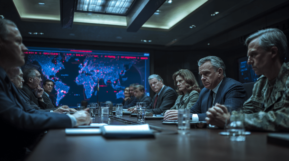 Reunião estratégica discute o uso do Claude no Pentágono, em ambiente de defesa com painéis digitais e forte clima de segurança nacional.