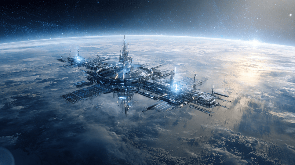 Conceito futurista de data centers no espaço orbitando a Terra, com infraestrutura tecnológica avançada, painéis solares e atmosfera de inovação digital.