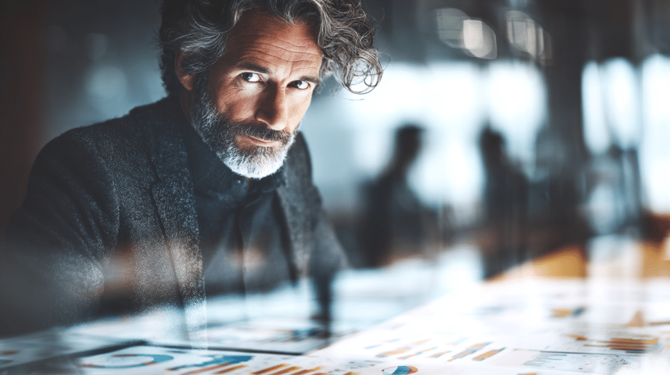 Fundação: Líder executivo observa atentamente gráficos e dados estratégicos, refletindo sobre decisões-chave durante o período inicial de 90 dias em um papel de liderança.