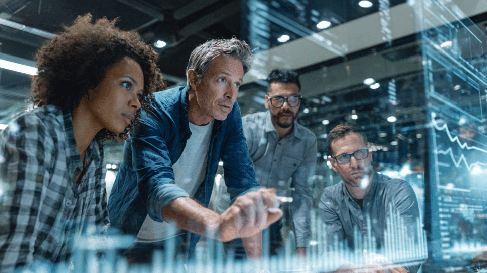 AI-First: Equipe executiva analisando gráficos e dados em tempo real, simbolizando adaptação ágil e integração de Inteligência Artificial no ambiente corporativo.