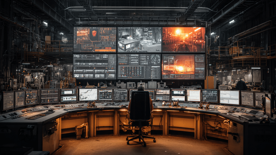 Ambiente industrial com alertas de cibersegurança em sistemas críticos ilustra o avanço do XWorm sobre infraestruturas ICS no fim de 2025.