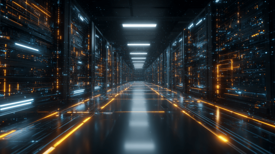 Centro de dados avançado com infraestrutura 6G, destacando a conectividade digital de alta velocidade e o processamento de IA em tempo real.