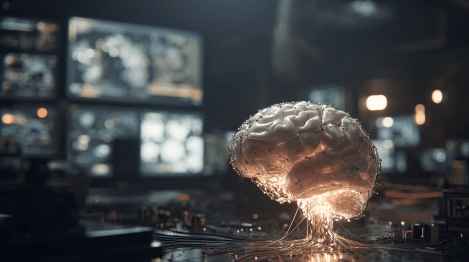 Biohacking em TI representado por cérebro digital em ambiente de cibersegurança, simbolizando foco, performance mental e risco humano.