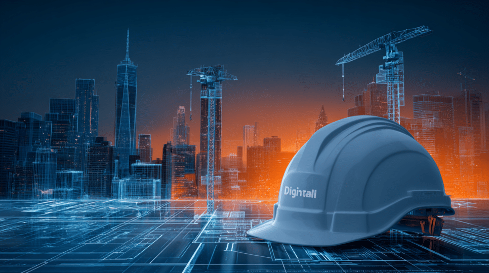 Construção Civil: engenharia moderna em New York com integração de Inteligência Artificial e Gêmeos Digitais sobre o skyline da cidade.