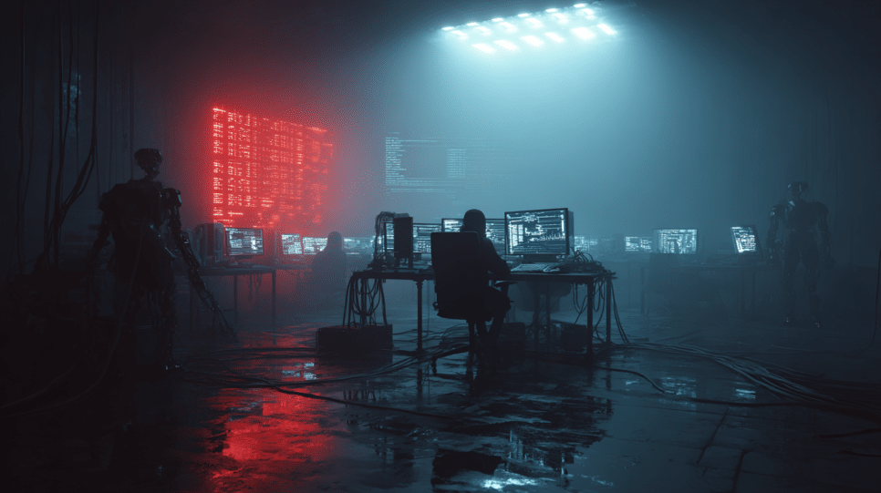 Automação do cibercrime por IA em 2026, mostrando atividades criminosas digitais e ferramentas avançadas de hacking.