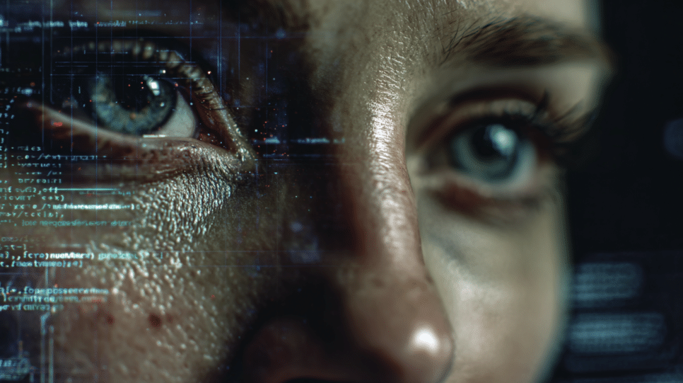 biometria facial sendo escaneada com códigos digitais e sinais de ataque cibernético em sistema de segurança