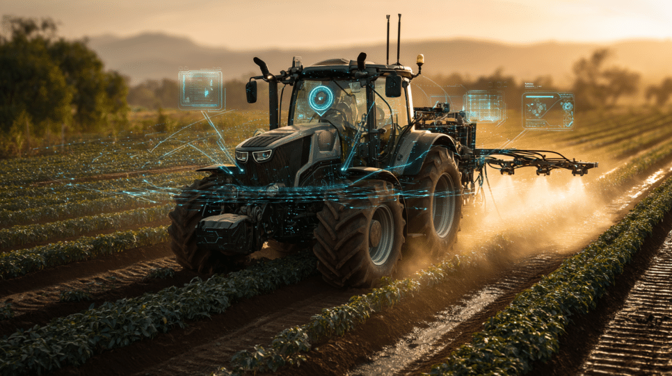 Imagem representando inovação no agronegócio com tratores autônomos e os perigos para cibersegurança.
