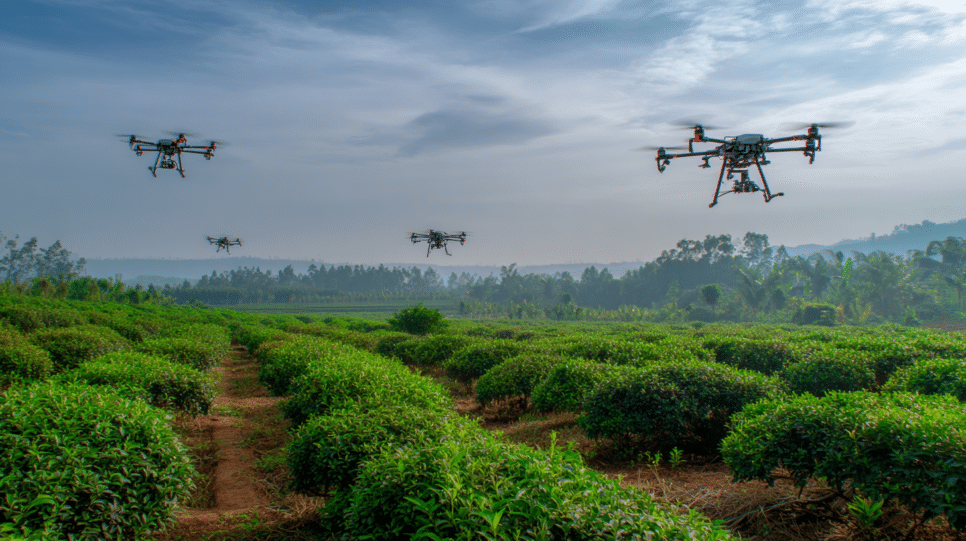 Imagem representando inovação no agronegócio da China com utilização de drones e inteligência artificial.